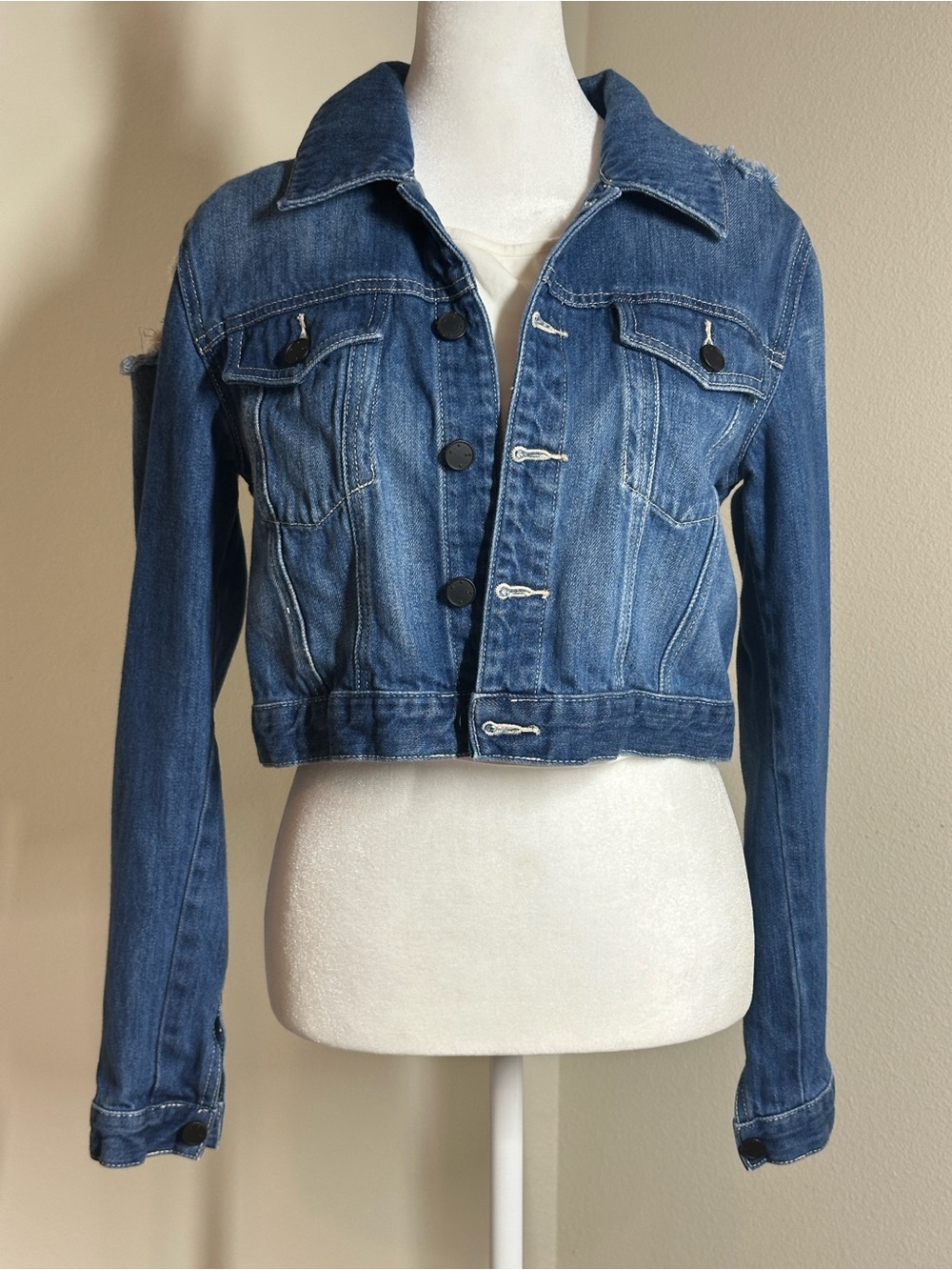 The Fifth Label Distressed Blue Cropped Denim Jacket